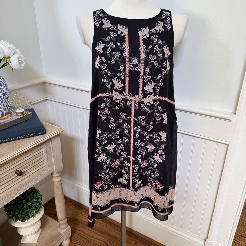 NWT Max Studio Womens XS Black Pink Floral Border Print Sleeveless Shift Dress